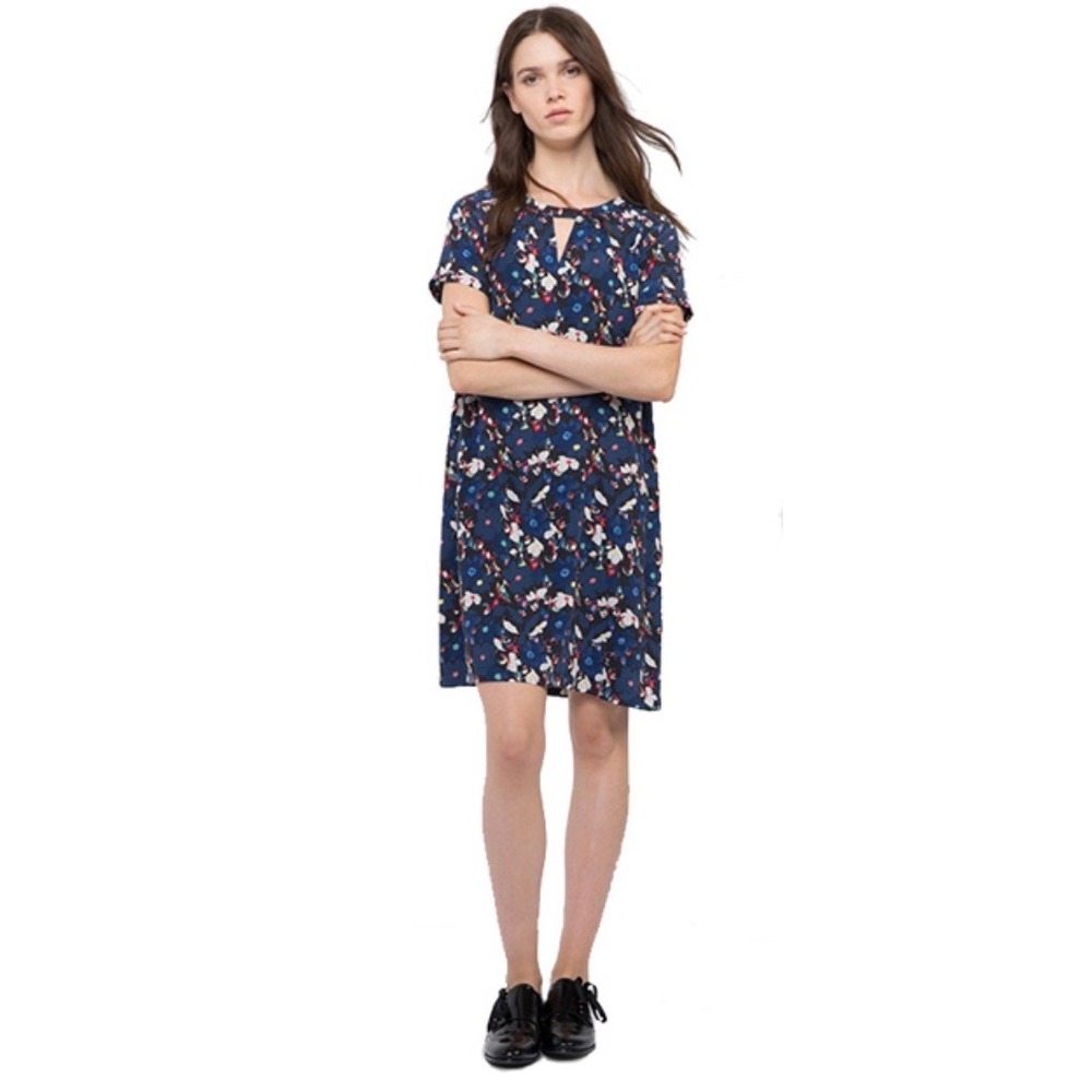 Comptoir desβ Cotonniers Silk Floral Shift Dress Navy Blue Short Sleeve Size M
